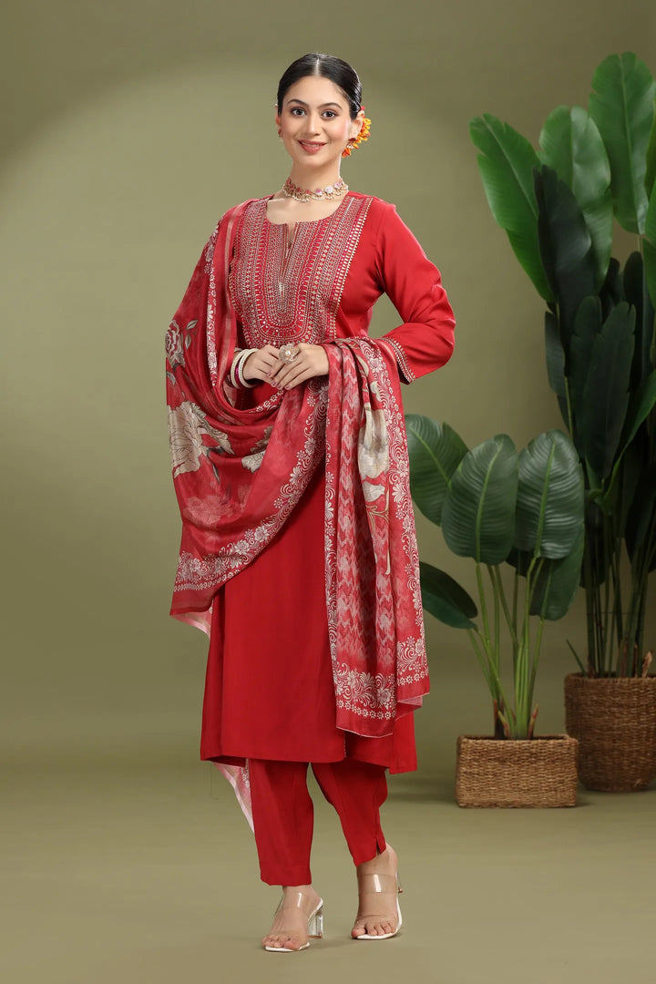 Maroon Roman Silk Embroidered Straight Kurta Pant and Dupatta Suit Set