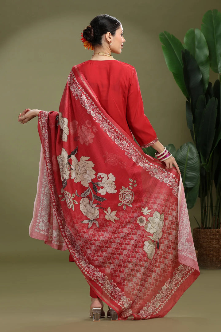 Maroon Roman Silk Embroidered Straight Kurta Pant and Dupatta Suit Set