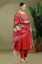 Maroon Roman Silk Embroidered Straight Kurta Pant and Dupatta Suit Set