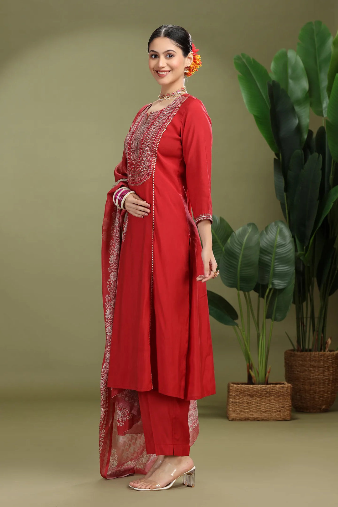 Maroon Roman Silk Embroidered Straight Kurta Pant and Dupatta Suit Set