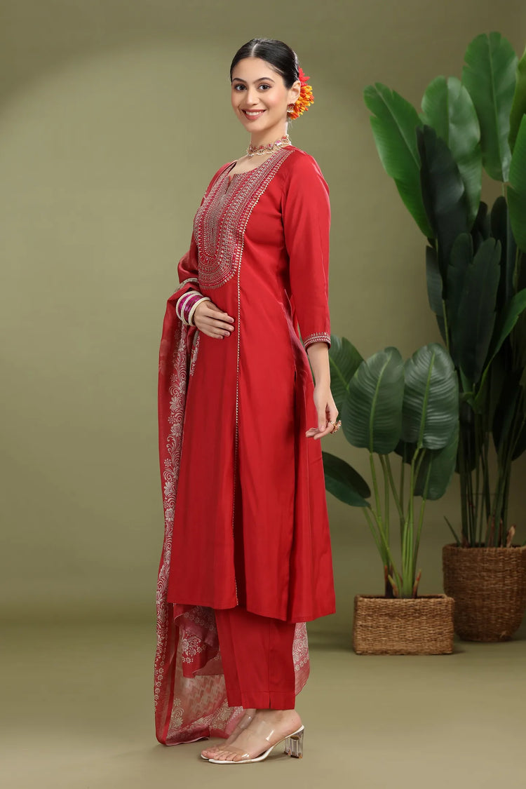 Maroon Roman Silk Embroidered Straight Kurta Pant and Dupatta Suit Set