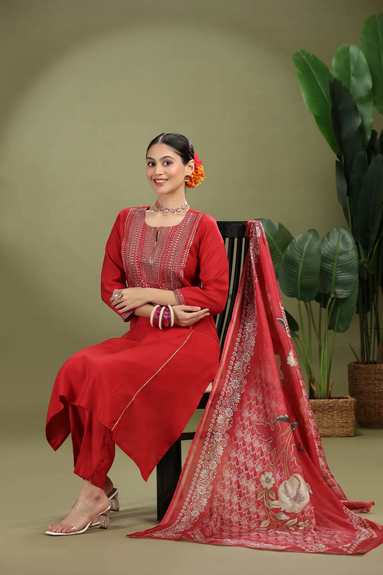 Maroon Roman Silk Embroidered Straight Kurta Pant and Dupatta Suit Set