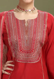 Maroon Roman Silk Embroidered Straight Kurta Pant and Dupatta Suit Set