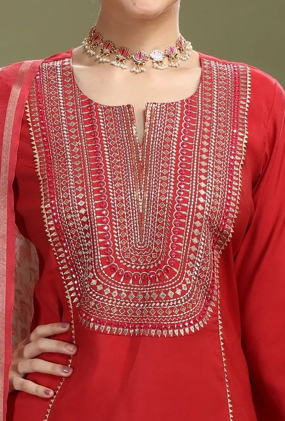 Maroon Roman Silk Embroidered Straight Kurta Pant and Dupatta Suit Set