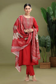 Maroon Roman Silk Embroidered Straight Kurta Pant and Dupatta Suit Set