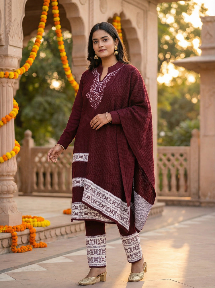 Maroon Velvet Embroidered Straight Ethnic Set