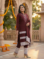 Maroon Velvet Embroidered Straight Ethnic Set