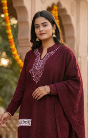 Maroon Velvet Embroidered Straight Ethnic Set