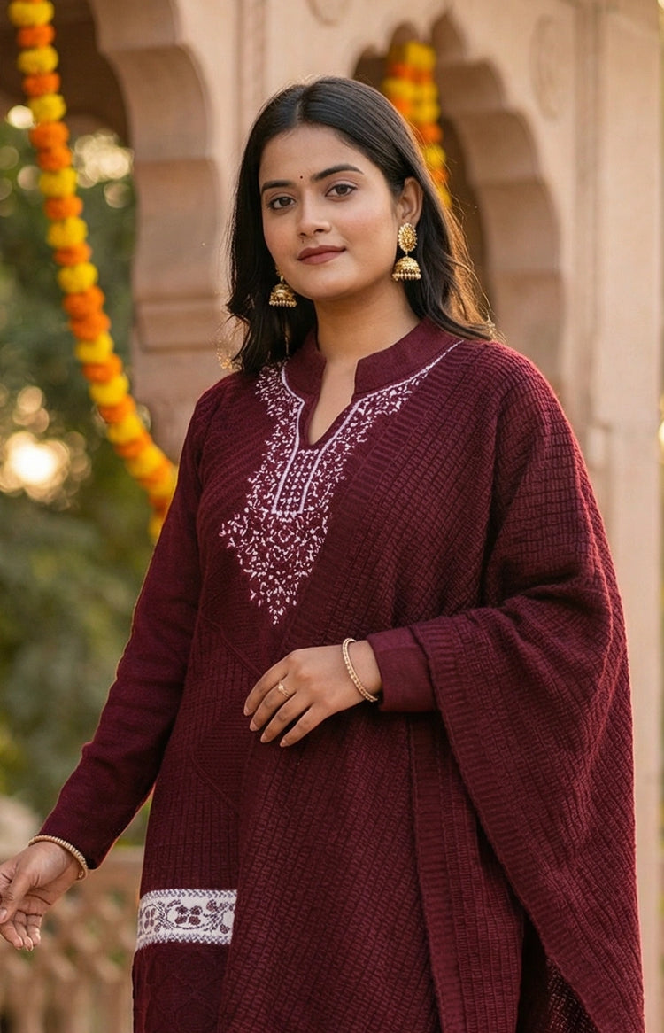 Maroon Velvet Embroidered Straight Ethnic Set