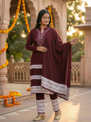 Maroon Velvet Embroidered Straight Ethnic Set