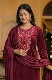 Maroon Velvet Embroidered Straight Ethnic Set