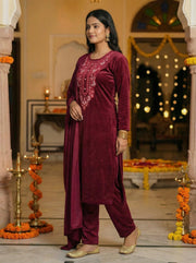 Maroon Velvet Embroidered Straight Ethnic Set