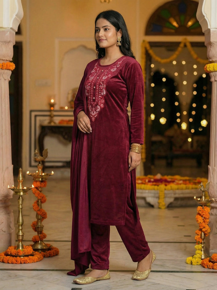 Maroon Velvet Embroidered Straight Ethnic Set