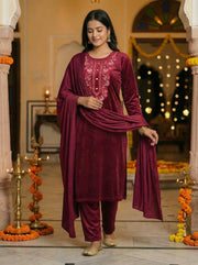Maroon Velvet Embroidered Straight Ethnic Set