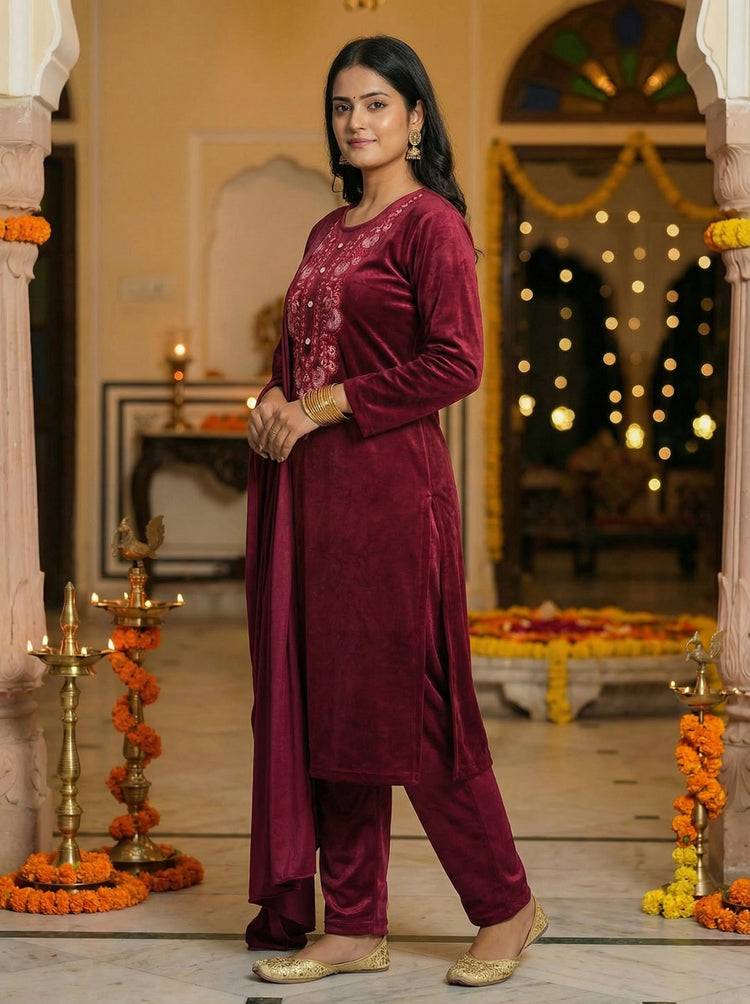 Maroon Velvet Embroidered Straight Ethnic Set