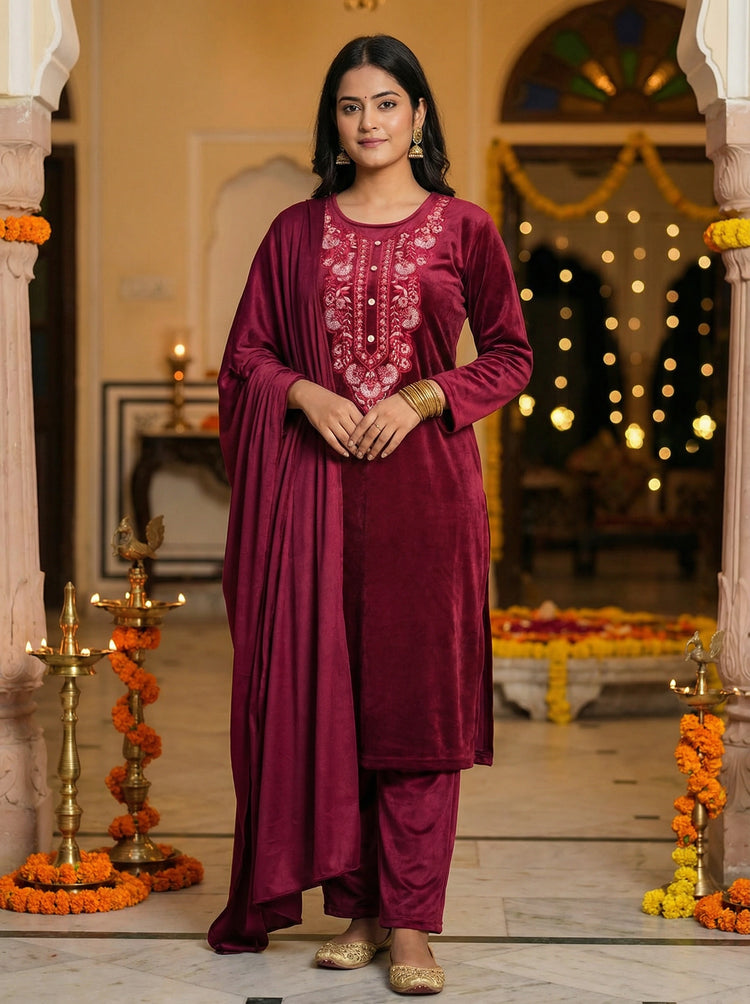 Maroon Velvet Embroidered Straight Ethnic Set