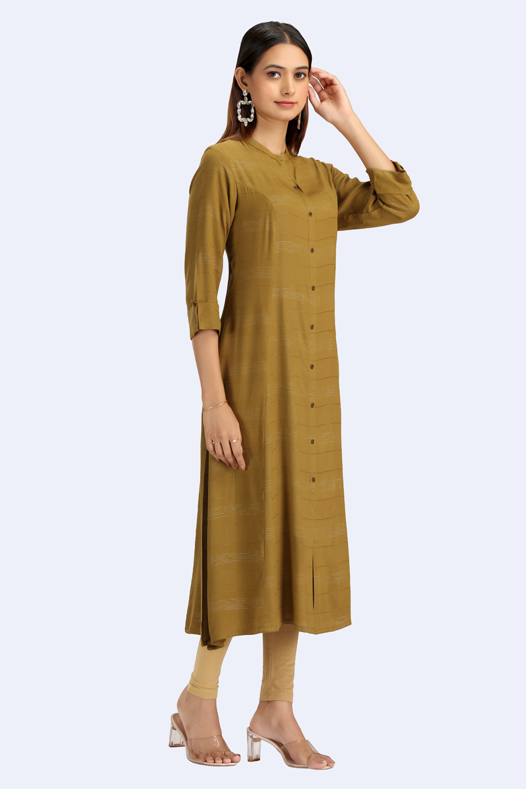 Mehandi Green Jari Stripe Solid A Line Kurta