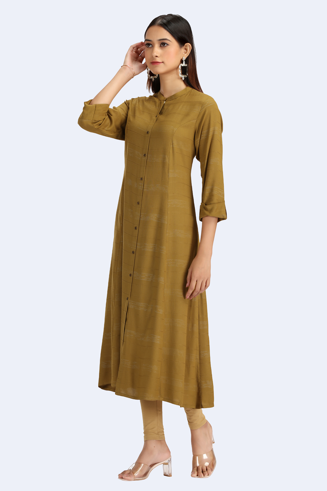 Mehandi Green Jari Stripe Solid A Line Kurta