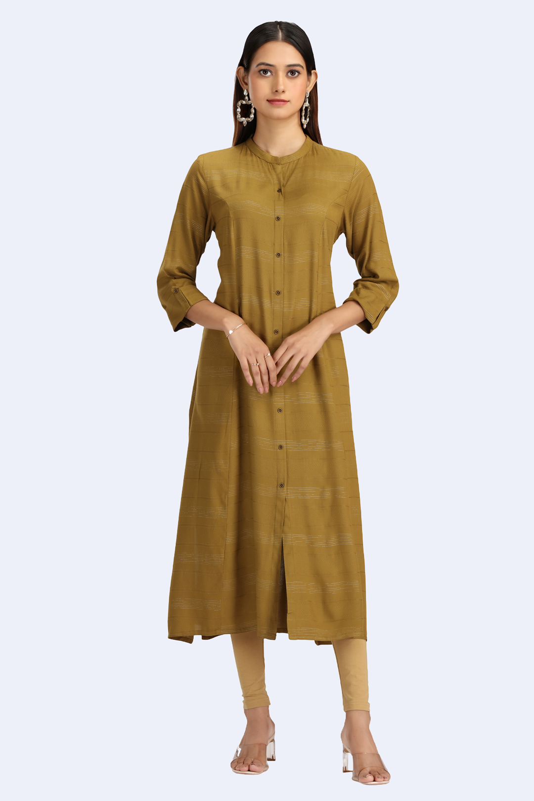 Mehandi Green Jari Stripe Solid A Line Kurta