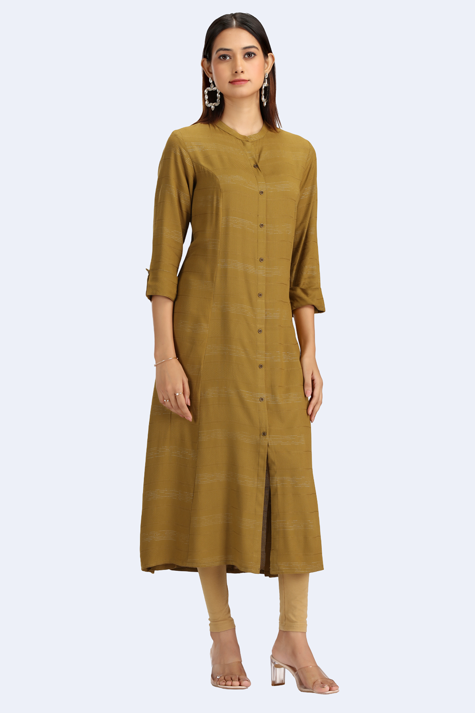 Mehandi Green Jari Stripe Solid A Line Kurta