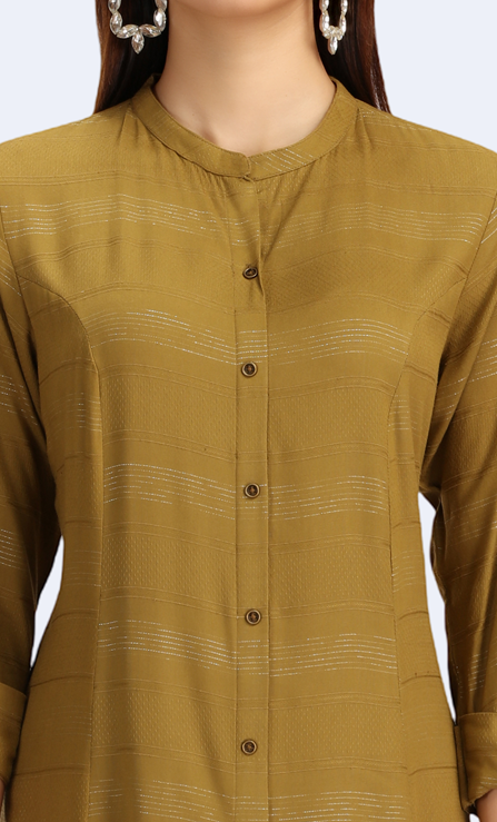 Mehandi Green Jari Stripe Solid A Line Kurta