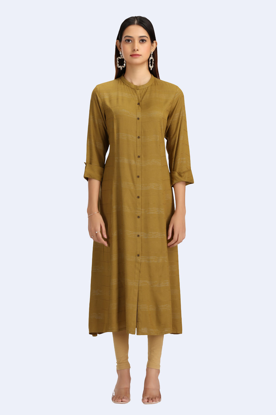 Mehandi Green Jari Stripe Solid A Line Kurta