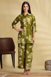 Mehandi Green Soft Silk Printed Straight Kurta Pant Co ord Set for women