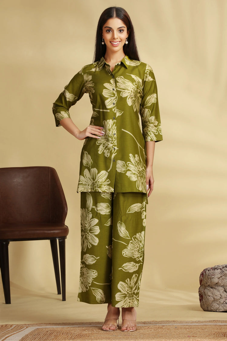Mehandi Green Soft Silk Printed Straight Kurta Pant Co ord Set for women