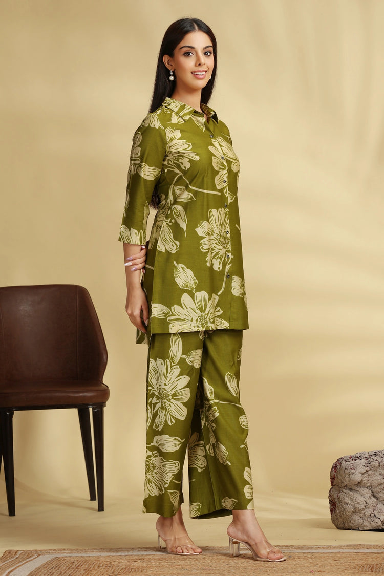 Mehandi Green Soft Silk Printed Straight Kurta Pant Co ord Set for women