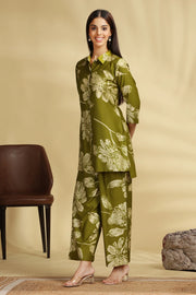 Mehandi Green Soft Silk Printed Straight Kurta Pant Co ord Set for women