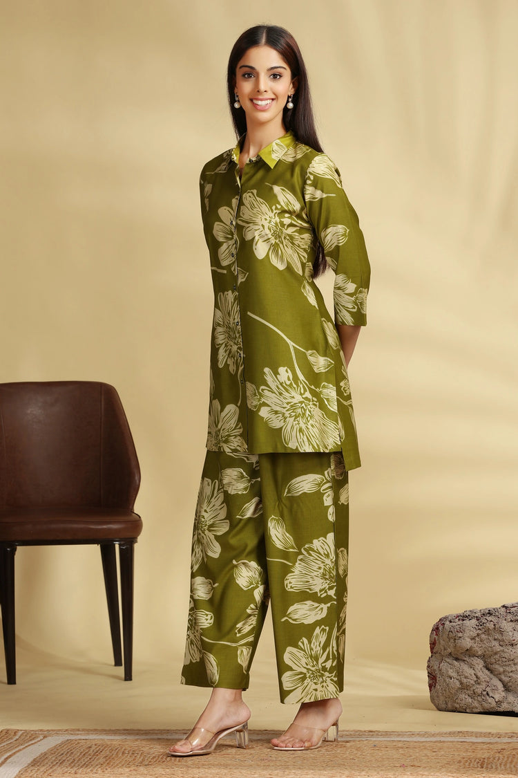 Mehandi Green Soft Silk Printed Straight Kurta Pant Co ord Set for women