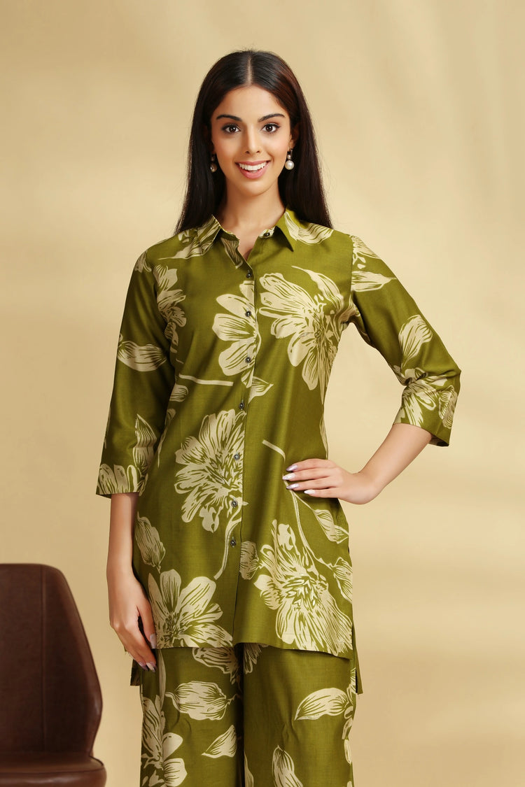 Mehandi Green Soft Silk Printed Straight Kurta Pant Co ord Set for women