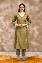 Mehandi Cotton A Line Printed Kurta Pant Co ord Set for women