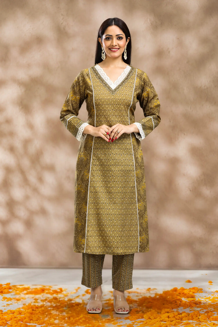 Mehandi Cotton A Line Printed Kurta Pant Co ord Set for women