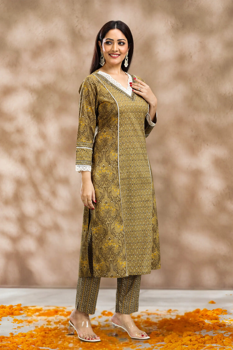 Mehandi Cotton A Line Printed Kurta Pant Co ord Set for women