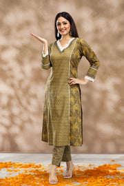 Mehandi Cotton A Line Printed Kurta Pant Co ord Set for women