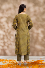 Mehandi Cotton A Line Printed Kurta Pant Co ord Set for women