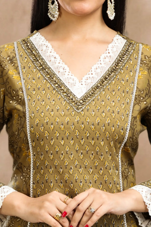 Mehandi Cotton A Line Printed Kurta Pant Co ord Set for women