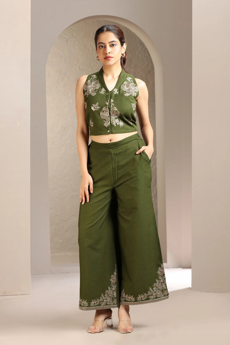 Mehendi Green Flex Cotton Embroidered Straight Kurta and Pant Set
