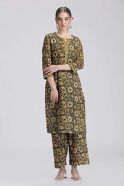 Mehandi Green Handloom Cotton Printed Straight Kurta Pant Co ord Set