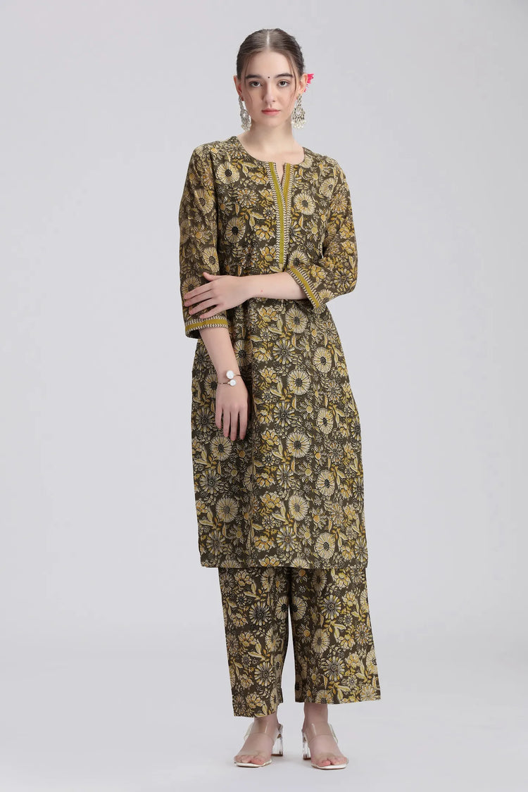 Mehandi Green Handloom Cotton Printed Straight Kurta Pant Co ord Set