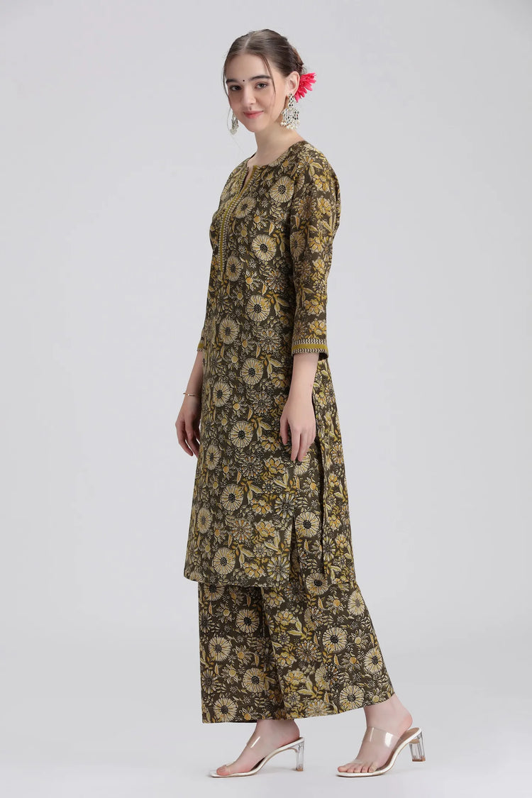 Mehandi Green Handloom Cotton Printed Straight Kurta Pant Co ord Set