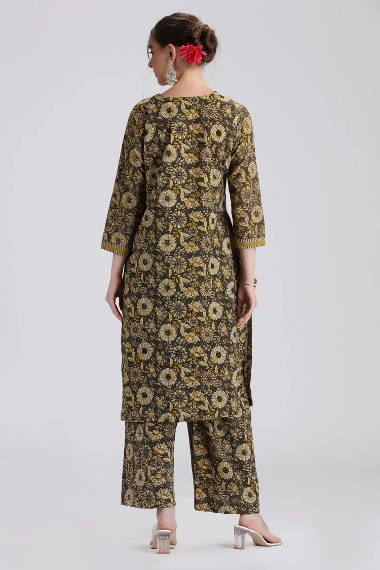 Mehandi Green Handloom Cotton Printed Straight Kurta Pant Co ord Set