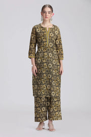 Mehandi Green Handloom Cotton Printed Straight Kurta Pant Co ord Set