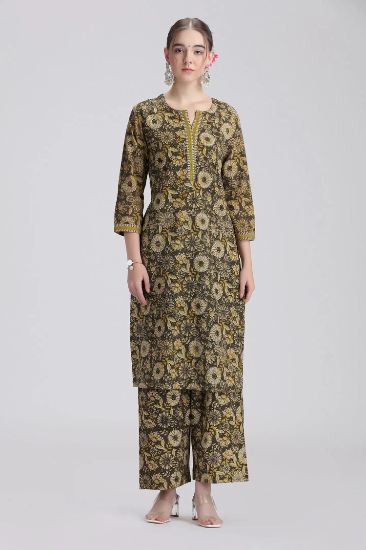 Mehandi Green Handloom Cotton Printed Straight Kurta Pant Co ord Set