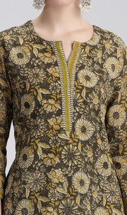 Mehandi Green Handloom Cotton Printed Straight Kurta Pant Co ord Set