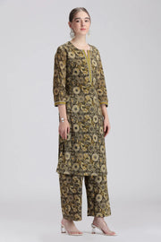 Mehandi Green Handloom Cotton Printed Straight Kurta Pant Co ord Set