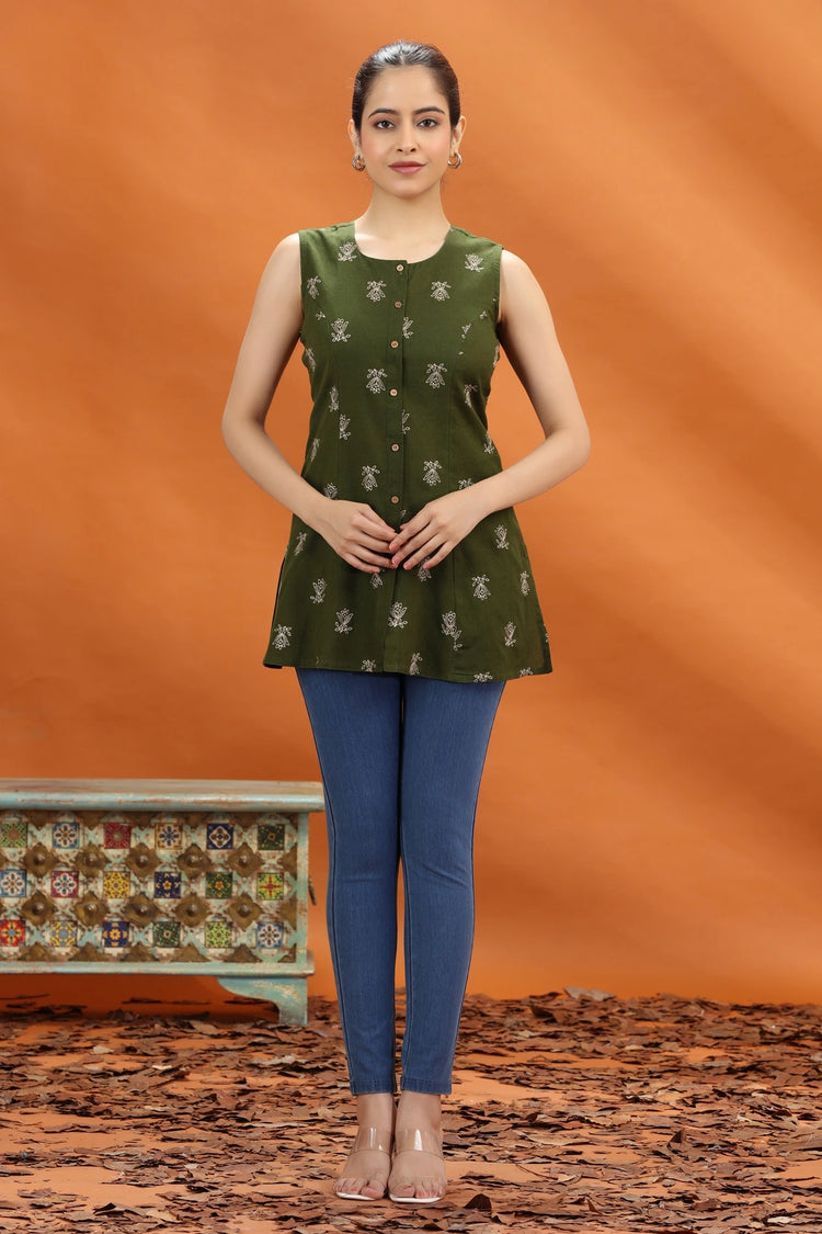 Mehndi Green Flex Cotton Embroidered Short Kurta