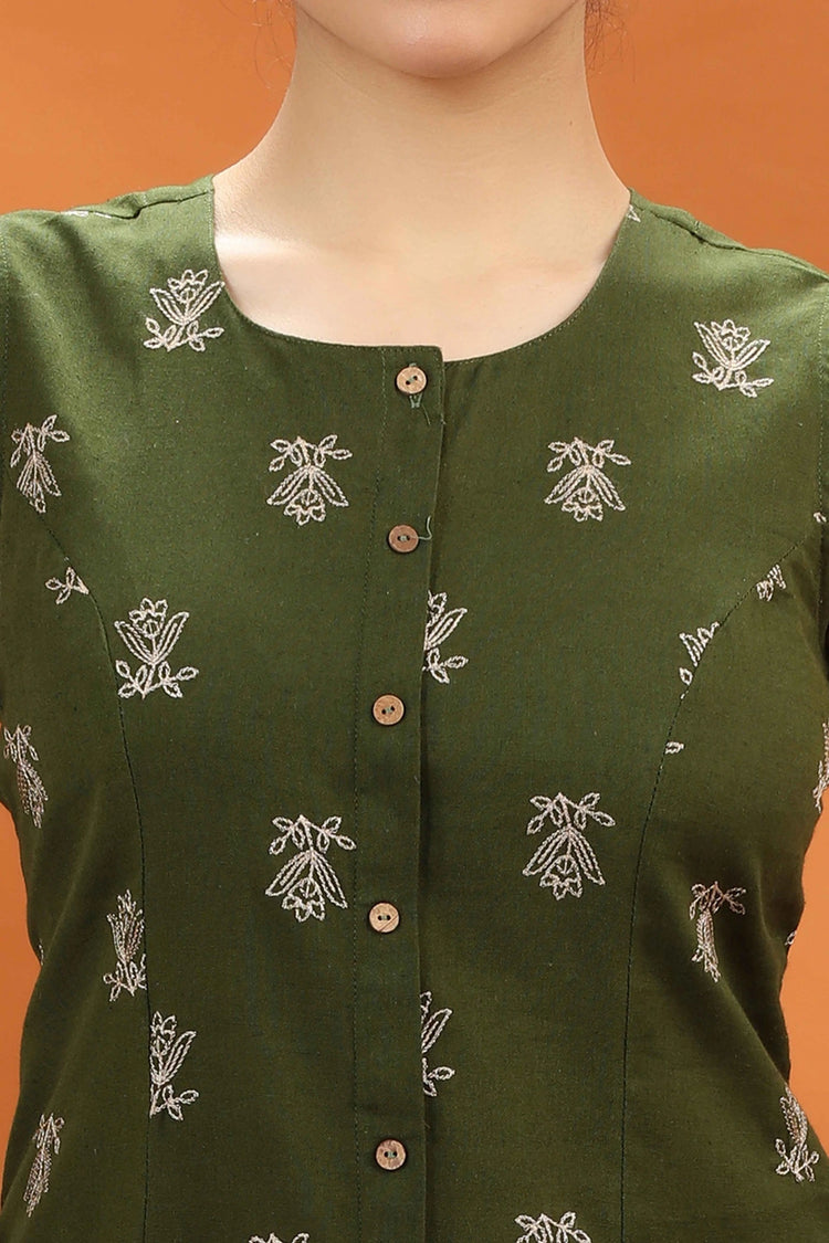 Mehndi Green Flex Cotton Embroidered Short Kurta