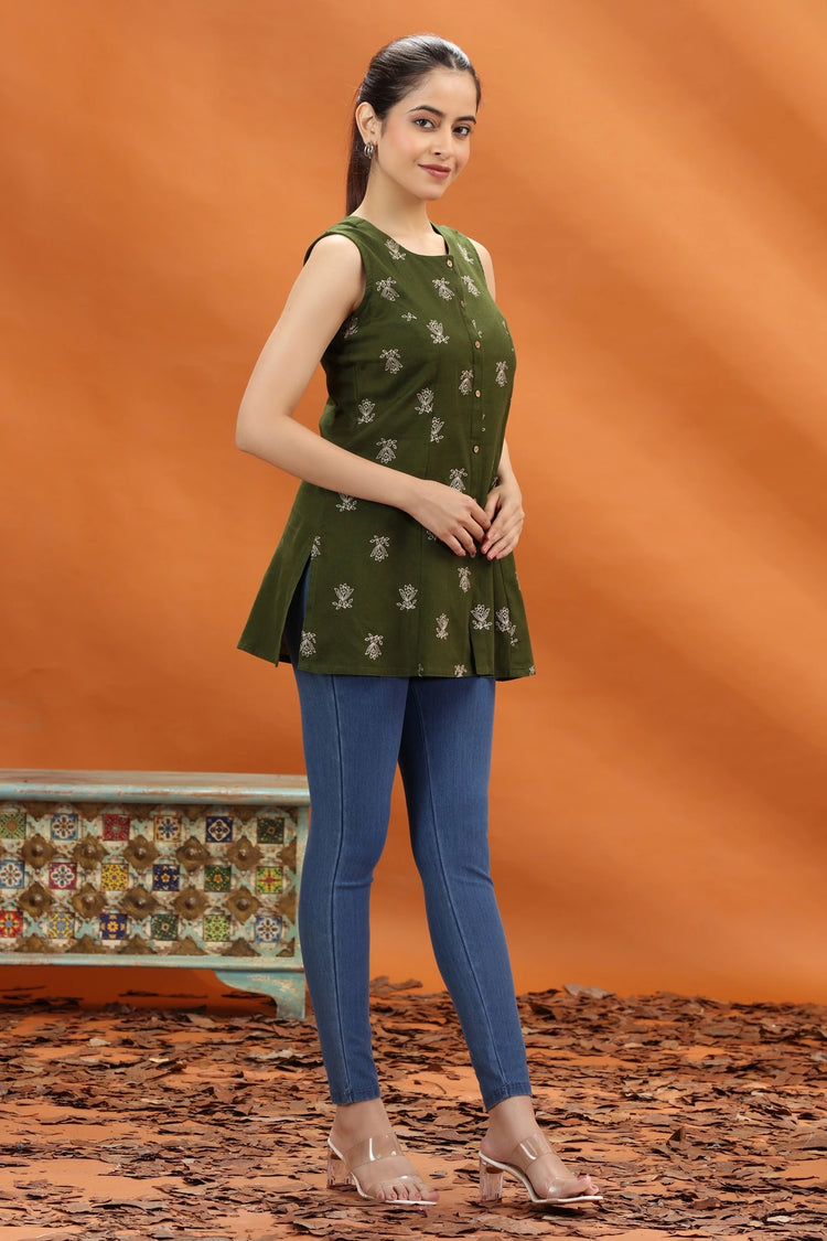 Mehndi Green Flex Cotton Embroidered Short Kurta